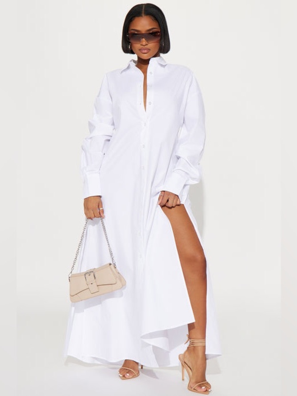 Long sleeve button down white dress